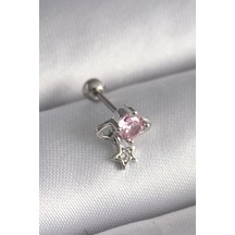 316l Çelik Gümüş Renk Pembe Zirkon Taşlı Sallantı Yıldız Detay Tragus Piercing 5886 Çok Renkli