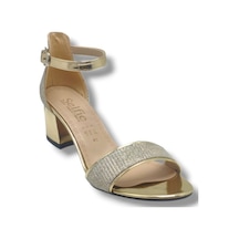 Selfie 4270-26 Simli Rugan Tek Bant Orta Topuk Büyük Numara Fashion Kadın Sandalet 5,5cm 41-43 Altın