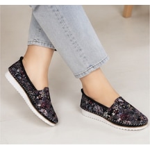 N Napa Shoe Np.108.fç.siyah Deri Sneaker Napa Shoe Kadın Hakiki Deri Comfort Günlük Ayakkabı Çiçek Desenli Siyah