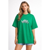 Unisex Oversize Yeşil White Baskılı Tişört %100 Pamuk Salaş Streetwear Kadın Erkek T-shirt Yeşil