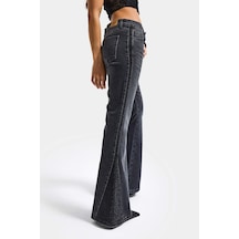 Itsbasic Kadın Koyu Füme T-2s6-1 Flare Fit Paçası Parlak Taşlı Özel Tasarım Denim Jean
