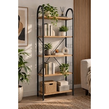 Sulorahome Metal Kitaplık Atlantik Çam Desenli 180 Cm 5 Raflı Atlantik Çam - Siyah