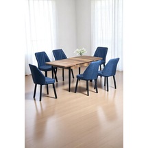 Luna Ceviz 80 x 132 Açılabilen MDF Masa Siyah Metal Ayaklı Mutfak Masası 6 Lacivert Sandalye