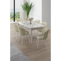Canisa Asfel Serisi Mdf 77x130 Beyaz Mermer Desen Yandan Açılabilir Mutfak Masa Takımı 6 Krem Sandalye Beyaz Mermer Masa Krem Sandalye