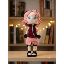 Pembe Saçlı Kız Ninja Amigurumi Örgü Oyuncak Örgü Bebek - El Ypımı 21 Cm