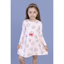 Toontoy Kız Çocuk Çiçek Desenli Fiyonk Detaylı Elbise Pudra