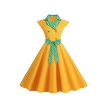 Zarif Bayan Elbise Nokta Baskılı Yaka Yaka Yay Üzerinde Bel Tatlı Tarzı Rahat Parti Elbise Kolsuz Sıkı Bel Ince Orta Uzunlukta Elbise Kadın Sarı