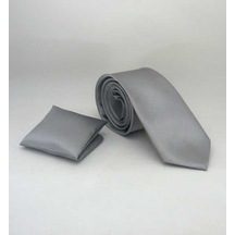 Gaffy Gri Slim Fit İnce Düz Renk Mendilli Saten Kravat - SS-04 Gri
