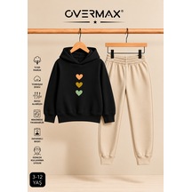 Overmax Çocuk Sevimli Kalpler Baskılı Kapüşonlu Sweatshirt & Eşofman Altı Takım 3-12 Yaş Siyah-bej - 918536770 Siyah-bej