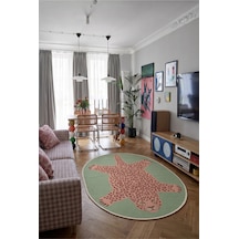 Leopar 02 Yeşil Pembe Leopar İnce Vintage Görünüm Şönil Dokuma Oval Oturma Odası Ev Mutfak Halısı