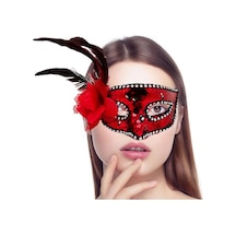 Mey İthalat Kırmızı Renk Yandan Tüylü Güllü Gümüş Taşlı Pullu Maske 20x22 Cm