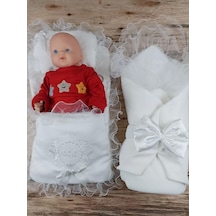 Yenidoğan Bal Peteği Taç Nakışlı Kundaklı Trilüks 3lü Alt Açma Seti Ekru Ekru