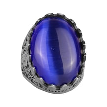 925 Ayar Gümüş Yüzük - Gül Desenli Yüzük - Erkekler İçin Yapay Taş Yüzük - El Yapımı Yüzük Yapay Lacivert Kedigözü Gümüş