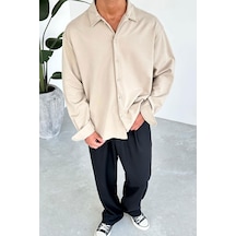 Bej Basic Oversize Gabardin Gömlek Bej