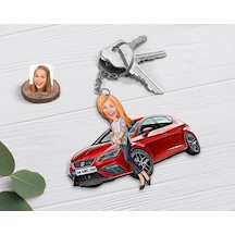 Kişiye Özel Bayan Seat Leon Kırmızı Figürlü Plakalı Ahşap Karikat (476913035)