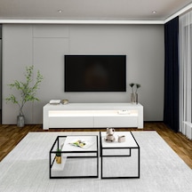 Batı Led Işıklı Tv Sehpası Ve Modern İkili Orta Sehpa Set Beyaz