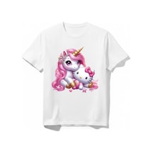 Urbantrendstore Unicorn Hello Kitty Sevimli Tatlı Unisex Kız Çocuk Bisiklet Yuvarlak Yaka Basic Kısa Kollu %100 Pamuk Tişört Beyaz