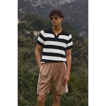 Tarz Cool Erkek Oversize Kalın Örgü Polo Yaka Triko Fileli Tişört Çizgili Vintage Yazlık Rahat Fit Siyah