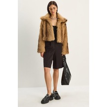 Shade Kadın Desenli Yakalı Astarlı Suni Crop Kürk Ceket 2852 60281123 - Camel-kahverengi