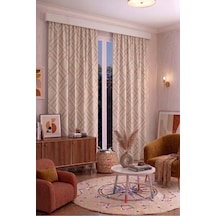 Modern Geometrik Desenli Fon Perdesi 140x260 Cm 2 Kanat Dekoratif Dijital Baskılı Premium Salon Oturma Odası Yatak Odası Pencere Perdesi Bej