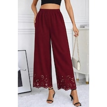 Valensdesign Kadın Yüksel Bel Beli Lastıklı Çiçek Desenli Lazer Kesım Detaylı Ithal Krep Pantolon Bordo