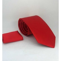 Gaffy Kırmızı Klasik Düz Renk Mendilli Saten Kravat - KS-02 Kırmızı