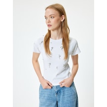 Koton Taş Detaylı Tişört Kaşkorse Bisiklet Yaka Reglan Kollu Slim Fit Ekru 4sal11170ık Ekru