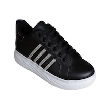 Yazkış Kadın Siyah Beyaz Cilt Yanı Taşlı Kalın Taban Fasıhon Günlük Spor Ayakkabı Siyah