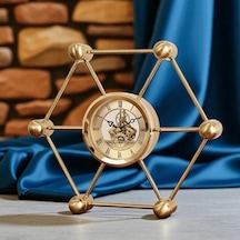 Altıgen Moleküler Tasarım Iskelet Mekanizmalı Gold Metal Masa Saati - Çarklı Lüks Ofis Çalışma Masası Aksesuarı Dekoratif Obje