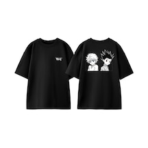 Thewert Killua And Gon Tasarım Sırt Baskılı Pamuk Siyah Oversize T-shirt