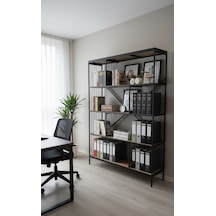 Dekoratif Lüx 5 Raflı Kitaplık Geniş Metal Kitaplık Dosya Rafı Ofis Salon Raf Ceviz Siyah Metal Tel