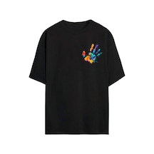 Thewert Unisex Renkli El Baskılı Siyah Oversize Tshirt