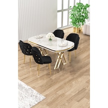Canisa Zae Serisi 90x168 Lak Panel Beyaz Mermer Desen Gold Ayak Masa Takımı 4 Siyah Sandalye Beyaz Mermer Desen Masa,siyah Sandalye