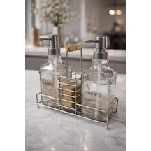 Makri Home Lüks Cam Ikili Sıvı Sabunluk & Deterjanlık Seti-500 Ml Cam Sabunluk, Bambu Kulplu Metal Stantlı Siyah