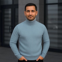 Erkek Balıkcı Yaka Bağazlı Triko Kazak Pamuklu Kalın Fitilli Dokuma, Regular Fit Uzun Kollu Kışlık Model - Bebe Mavisi Siyah