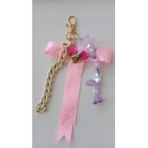Wisheratelier Büyük Fiyonklu Mor Boncuklu Ve Simli Zincirli Çanta Charmı Anahtarlık Açık Pembe