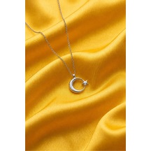 Çekirdekjewelry 925 Ayar Gümüş Ay Yıldız Kolye Rodaj Kaplama Parlak Şık Tasarım Gri
