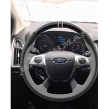 Ford Focus 3 Dikme Direksiyon Kılıfı Parlak Siyah Gri Detaylı Gri Çift Yüzük Ve Dikiş 2011-2018