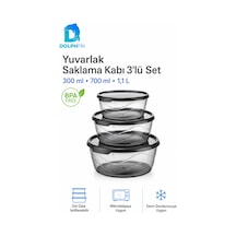 3 Lü Yuvarlak Saklama Kabı Seti 300 Ml 700 Ml 1,1 Litre Füme Şeffaf Bpa İçermez Siyah