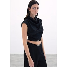 Sateen Toka Detaylı Degaje Bluz - Siyah-135774 Siyah
