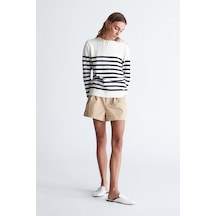Styleboom X Peraluna Bardot Pullover Omzu Düğmeli Çizgili Organik Pamuk Mevsimlik Kadın Triko Kazak Ekru/lacivert-ekru Ekru