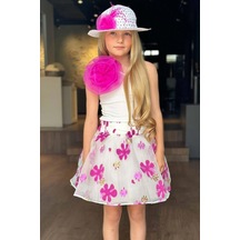 Riccotarz Kız Çocuk Tek Omuzlu Gül Detaylı Bluz Ve Jakar Desenli Fuşya Etekli Takım 001