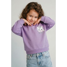 Breeze Kız Çocuk Sweatshirt Minik Taçlı Kedi Prenses Baskılı Sırt Baskı Detaylı 1.5-5 Yaş, Lila Lila