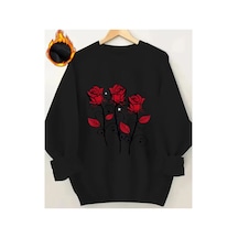 Herkesemoda Güller Baskı Detaylı Bisiklet Yaka Sweatshirt Siyah