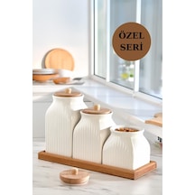 4'lü Standlı Vakumlu Ahşap Kapaklı Beyaz Kavanoz Seti Takımı Baharat Çay Tuz Şeker Kahve Kavanozu Beyaz - Kahverengi
