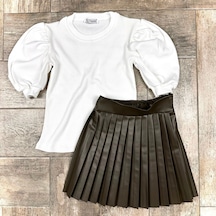 Kız Çocuk Siyah Deri Etek Kombin Bayramlık Elbise Takım Siyah - Beyaz