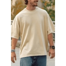 Erkek %100 Organik Pamuklu Kalın Dokulu Comfort Fit Bisiklet Yakalı T-shirt Bej