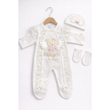 Kardeşler Bebe Dantelli Kanatlı Ayıcık Figürlü Kız Bebek Patikli Tulum Takımı Ekru