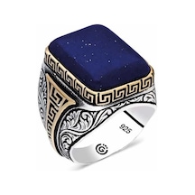 Gümüş Koyu Mavi Lapis Taşlı Kare Erkek Yüzük Çok Renkli