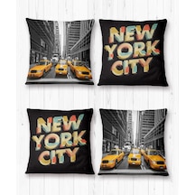 New York Sarı Taksi Desenli-4 lü Kırlent Kılıf Seti -İki Tarafı